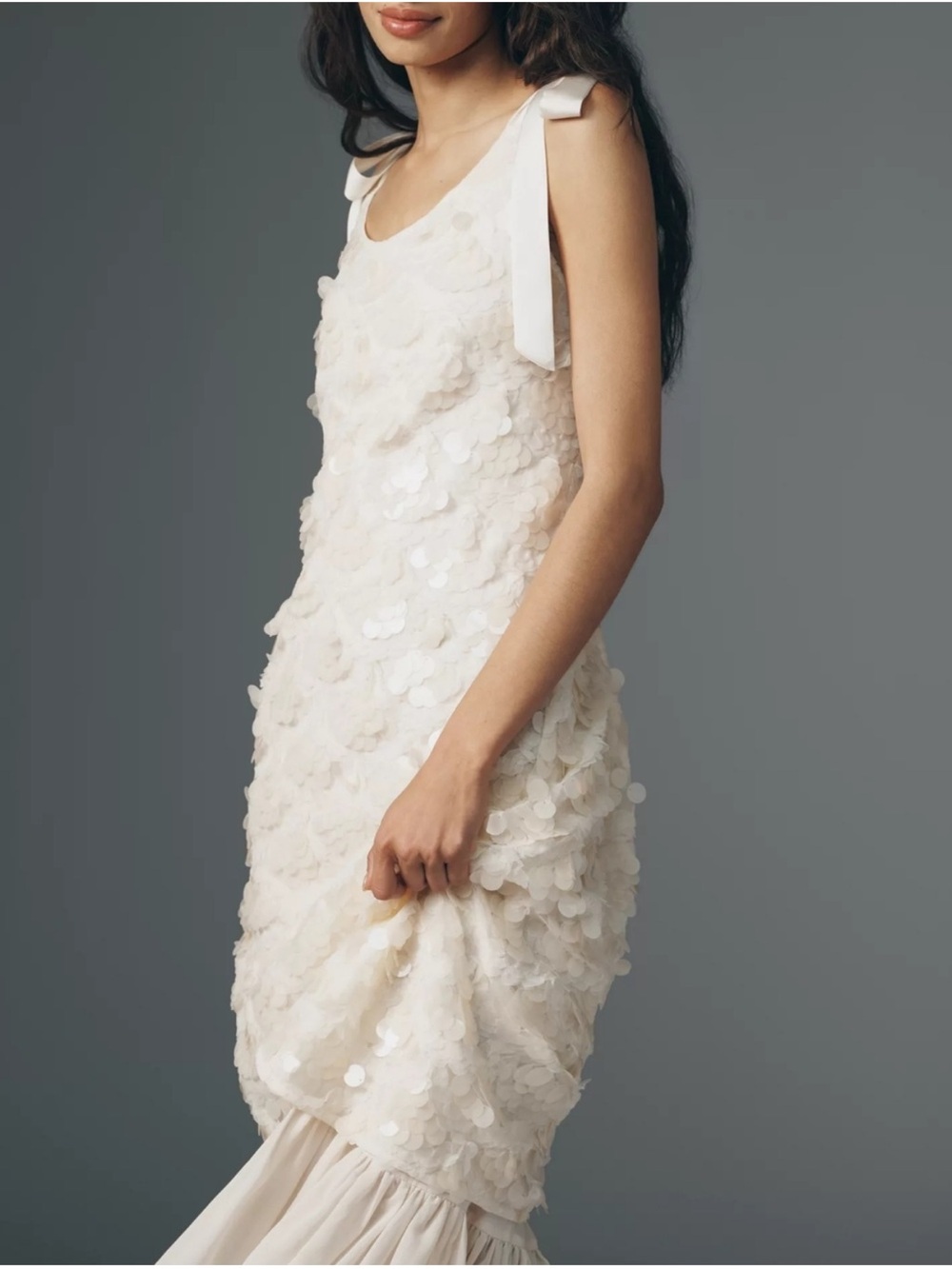 En Saison Emryn Sequin Ivory Midi Dress with Ruffle Hem and Bow Shoulder Ties - Picture 4 of 8